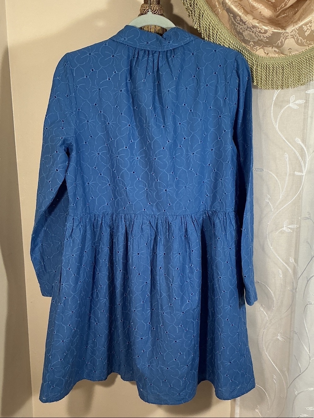 J. Crew Blue Cotton Eyelet Button Front Long Sleeve Dress Sz 10 Mini Boho - Picture 4 of 11
